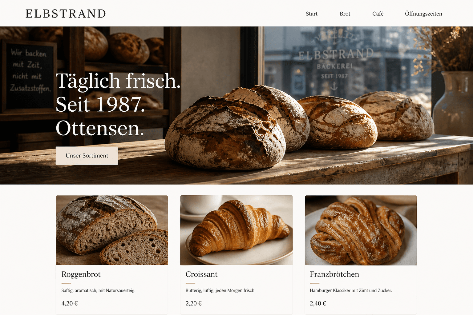 Konzeptentwurf: Startseite der erfundenen Bäckerei Elbstrand mit Sauerteigbroten und Produktraster