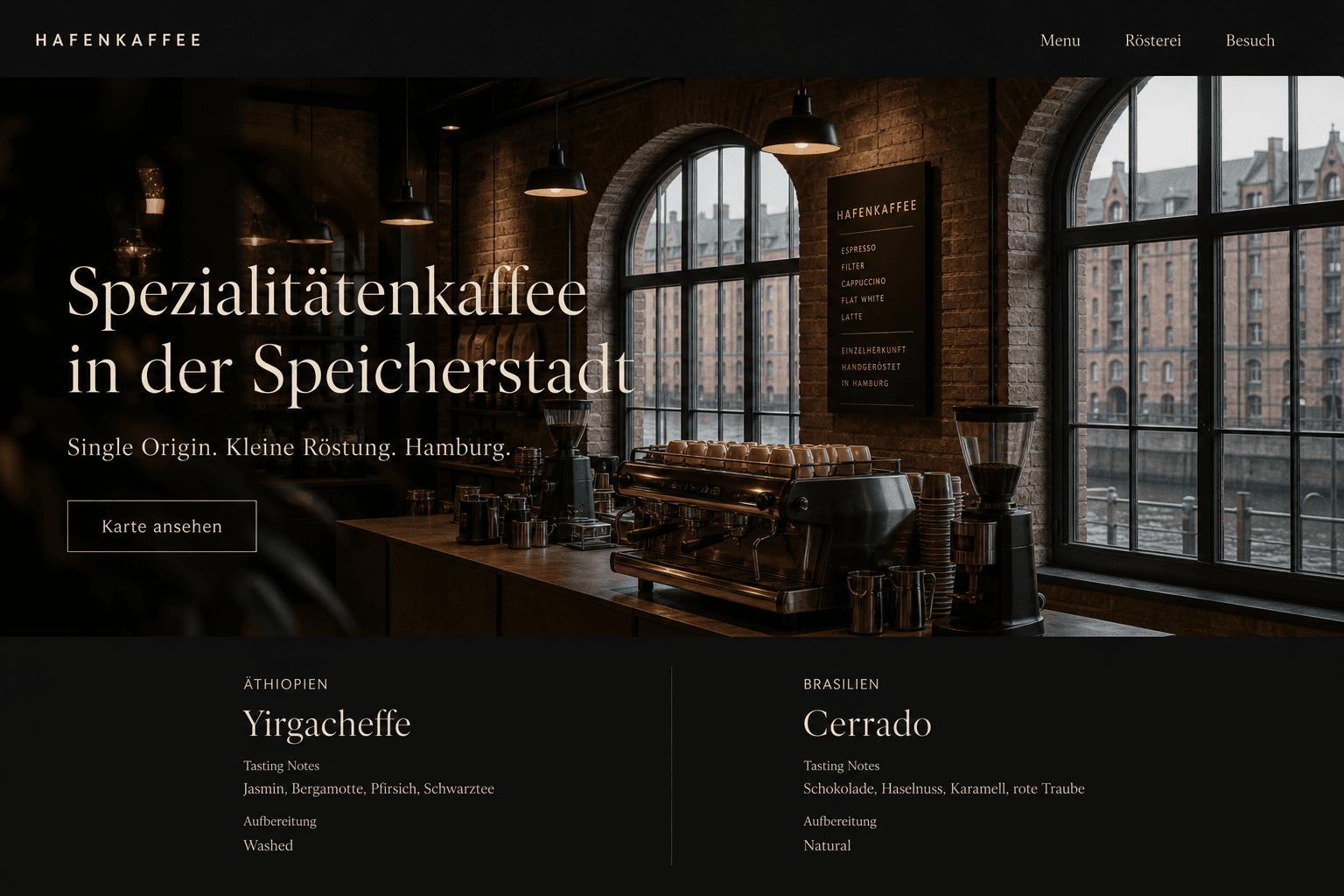 Konzeptentwurf: dunkle Startseite des erfundenen Hafenkaffee mit Café in der Speicherstadt