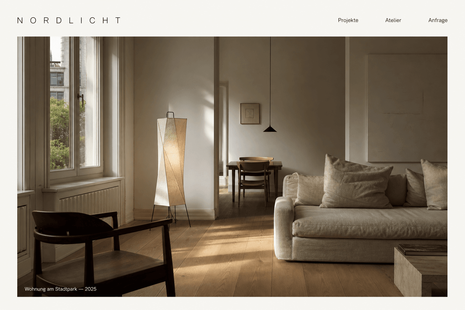 Konzeptentwurf: minimale Startseite des erfundenen Nordlicht Atelier mit einer Wohnungsaufnahme