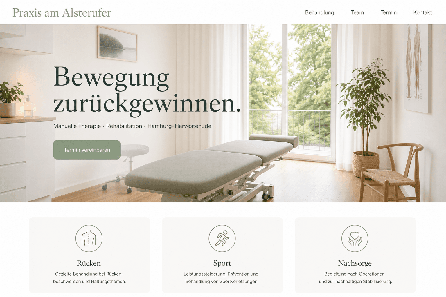Konzeptentwurf: helle Startseite der erfundenen Praxis am Alsterufer mit Behandlungsraum