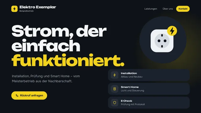 Beispiel-Skizze für den erfundenen Betrieb Elektro Exemplar: dunkle Seite mit großer Überschrift „Strom, der einfach funktioniert.“ und einem Steckdosen-Zeichen in Gelb